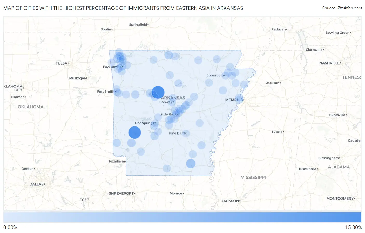 Cities with the Highest Percentage of Immigrants from Eastern Asia in Arkansas Map