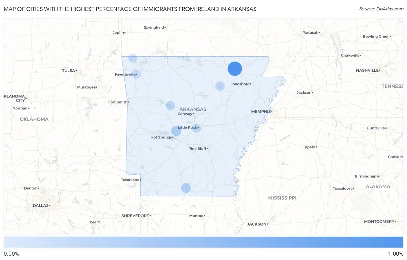 Cities with the Highest Percentage of Immigrants from Ireland in Arkansas Map