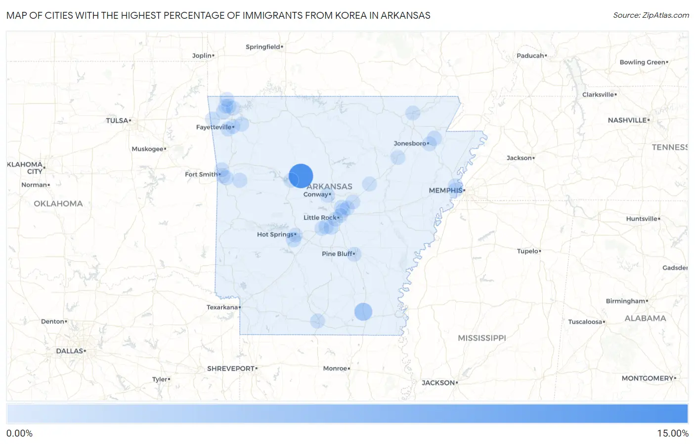 Cities with the Highest Percentage of Immigrants from Korea in Arkansas Map