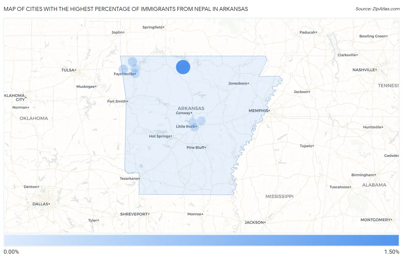 Cities with the Highest Percentage of Immigrants from Nepal in Arkansas Map