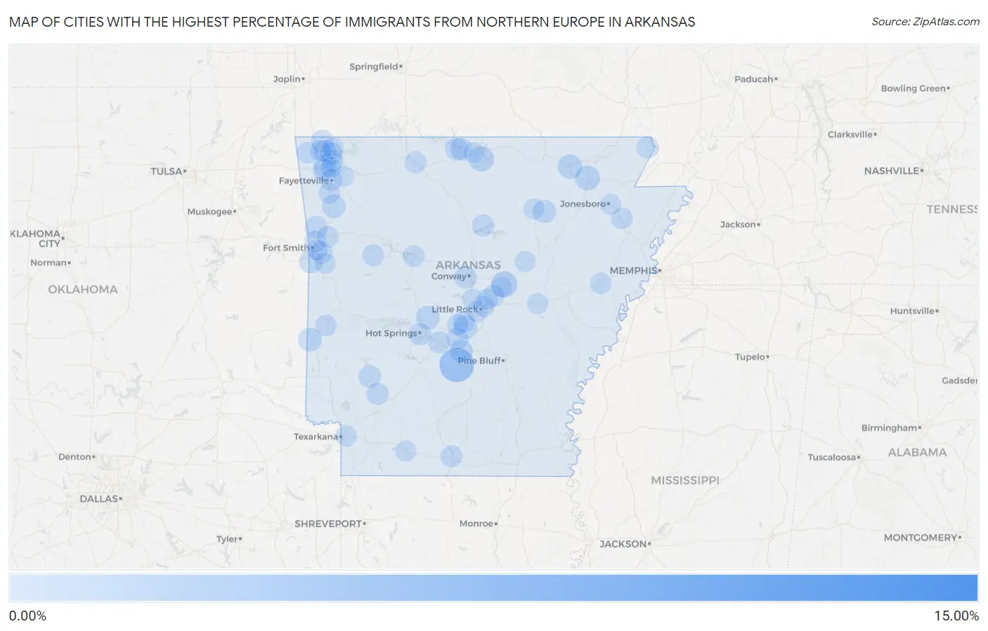 Cities with the Highest Percentage of Immigrants from Northern Europe in Arkansas Map