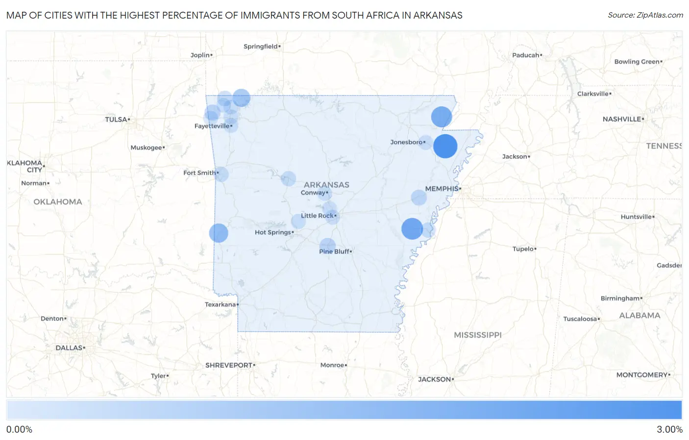 Cities with the Highest Percentage of Immigrants from South Africa in Arkansas Map