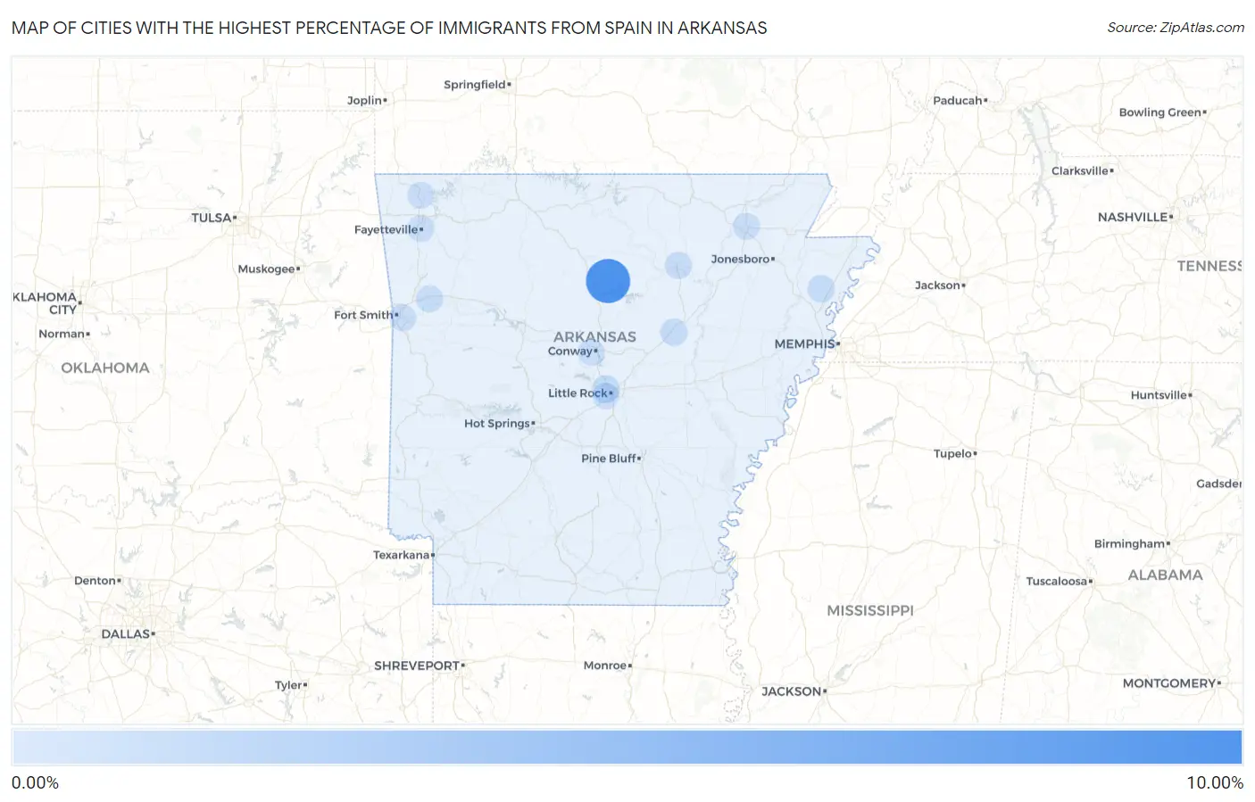 Cities with the Highest Percentage of Immigrants from Spain in Arkansas Map