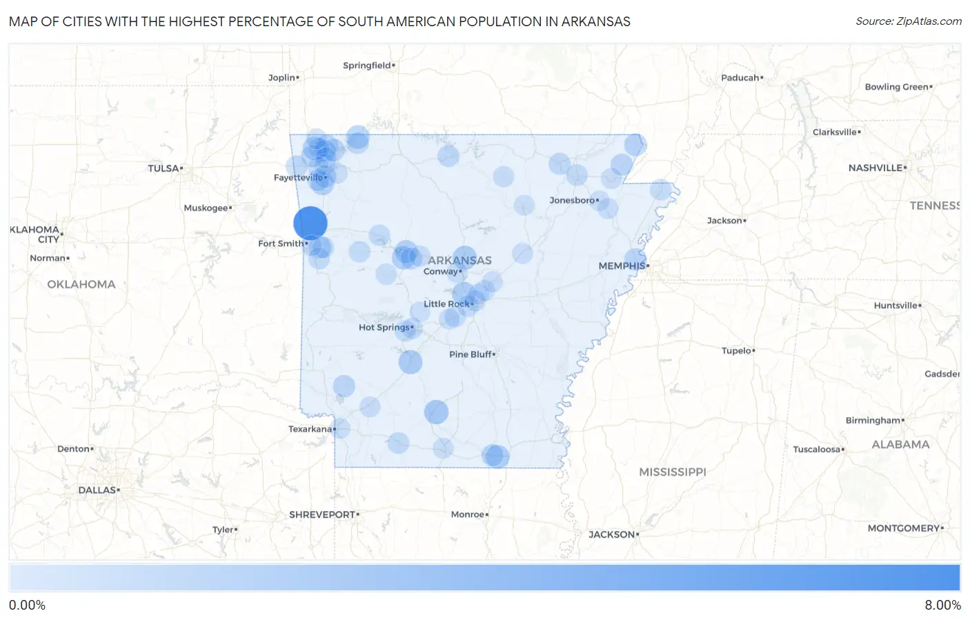 Cities with the Highest Percentage of South American Population in Arkansas Map