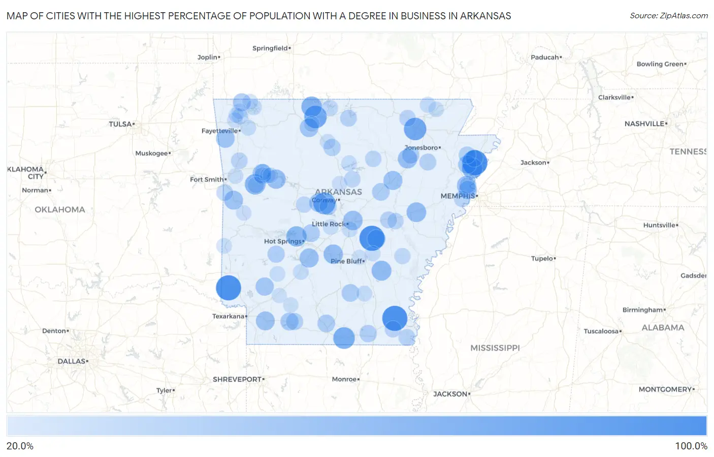 Cities with the Highest Percentage of Population with a Degree in Business in Arkansas Map