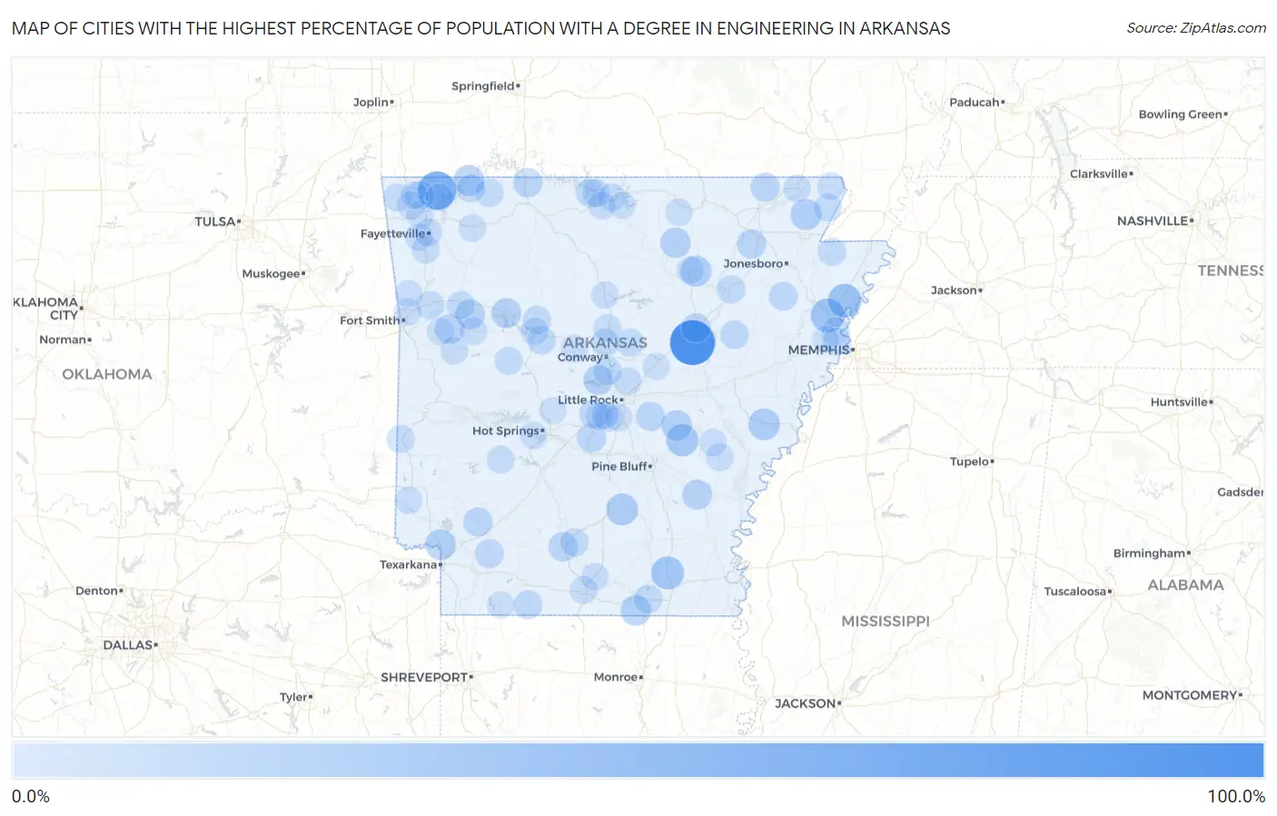 Cities with the Highest Percentage of Population with a Degree in Engineering in Arkansas Map