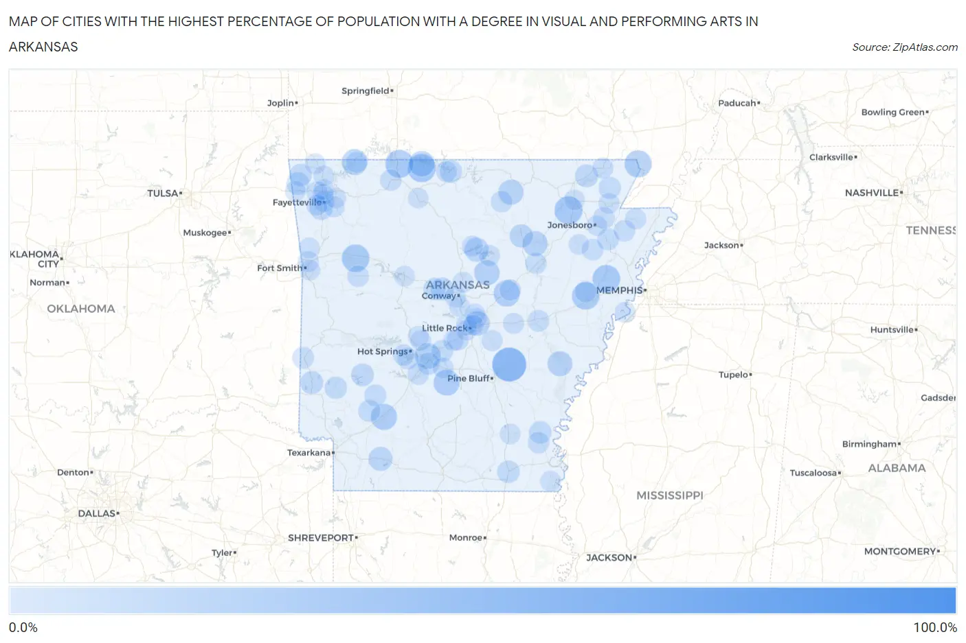 Cities with the Highest Percentage of Population with a Degree in Visual and Performing Arts in Arkansas Map