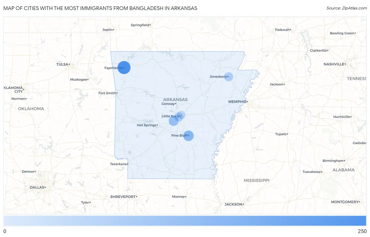 Cities with the Most Immigrants from Bangladesh in Arkansas Map