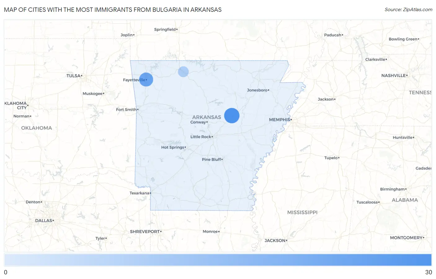 Cities with the Most Immigrants from Bulgaria in Arkansas Map