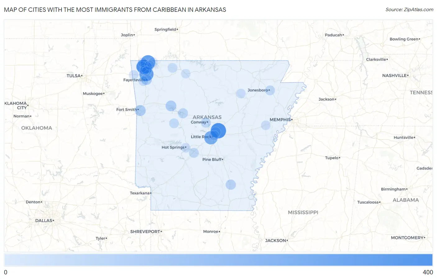 Cities with the Most Immigrants from Caribbean in Arkansas Map