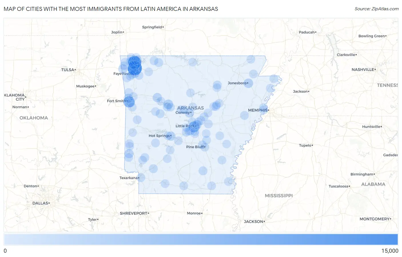 Cities with the Most Immigrants from Latin America in Arkansas Map