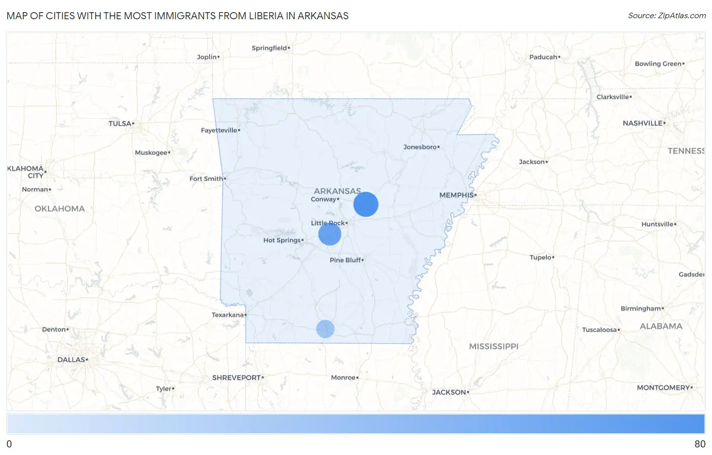 Cities with the Most Immigrants from Liberia in Arkansas Map