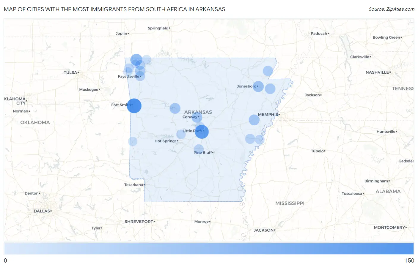 Cities with the Most Immigrants from South Africa in Arkansas Map