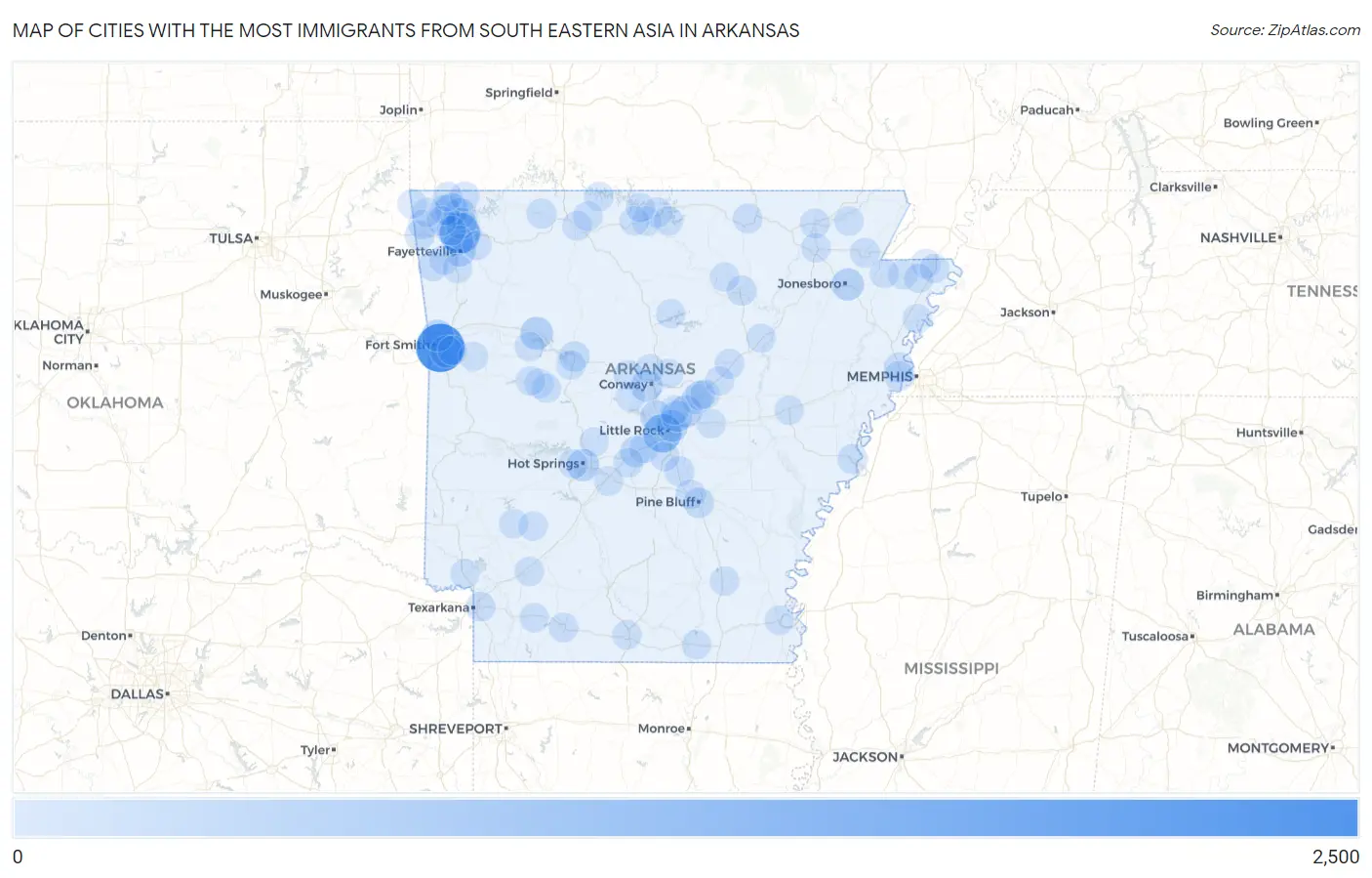 Cities with the Most Immigrants from South Eastern Asia in Arkansas Map