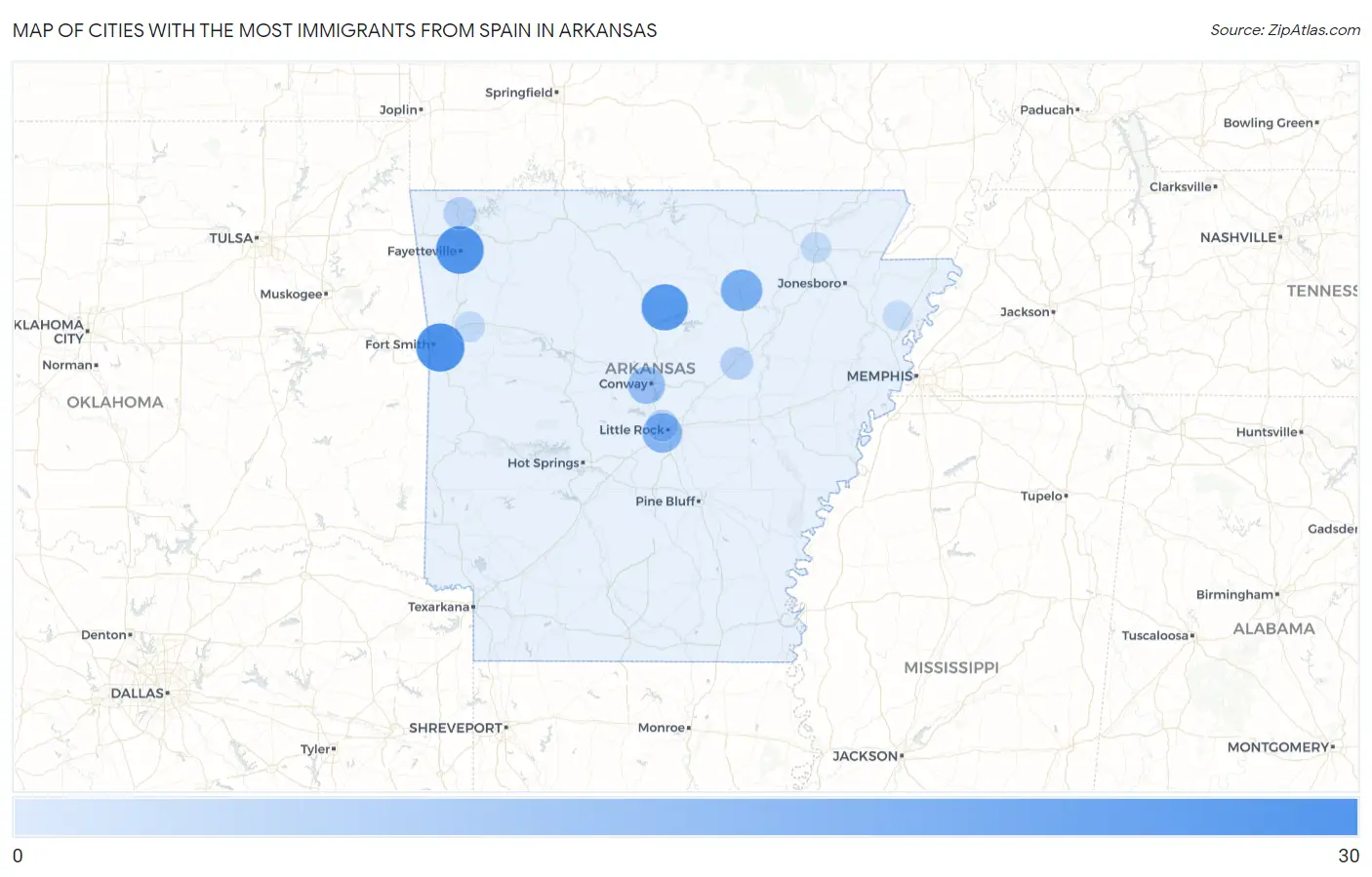 Cities with the Most Immigrants from Spain in Arkansas Map
