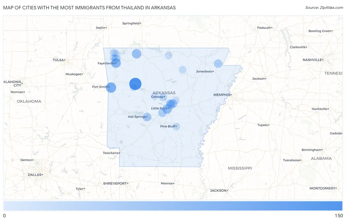 Cities with the Most Immigrants from Thailand in Arkansas Map