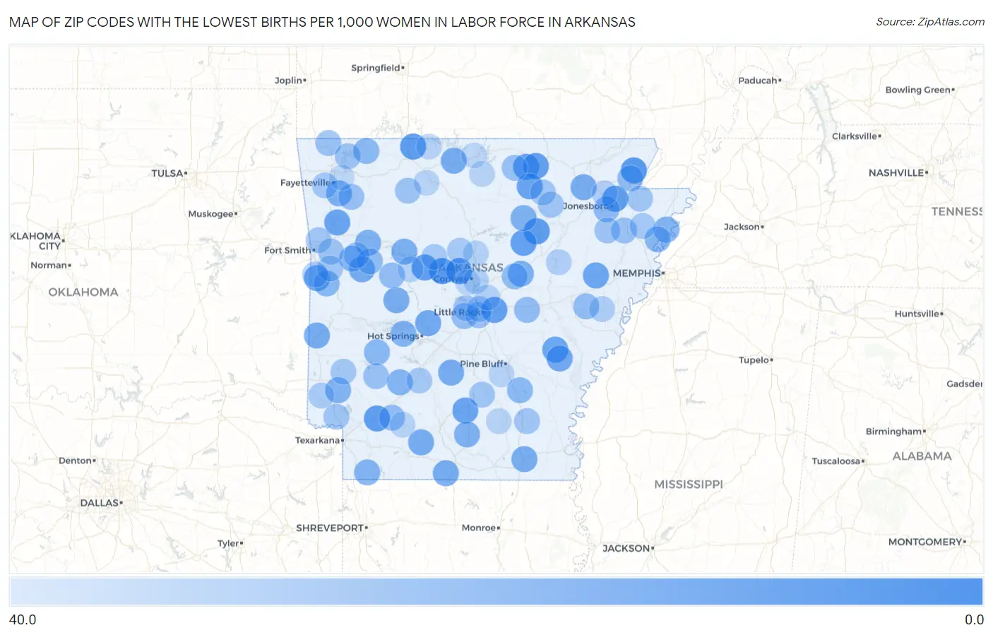 Zip Codes with the Lowest Births per 1,000 Women in Labor Force in Arkansas Map