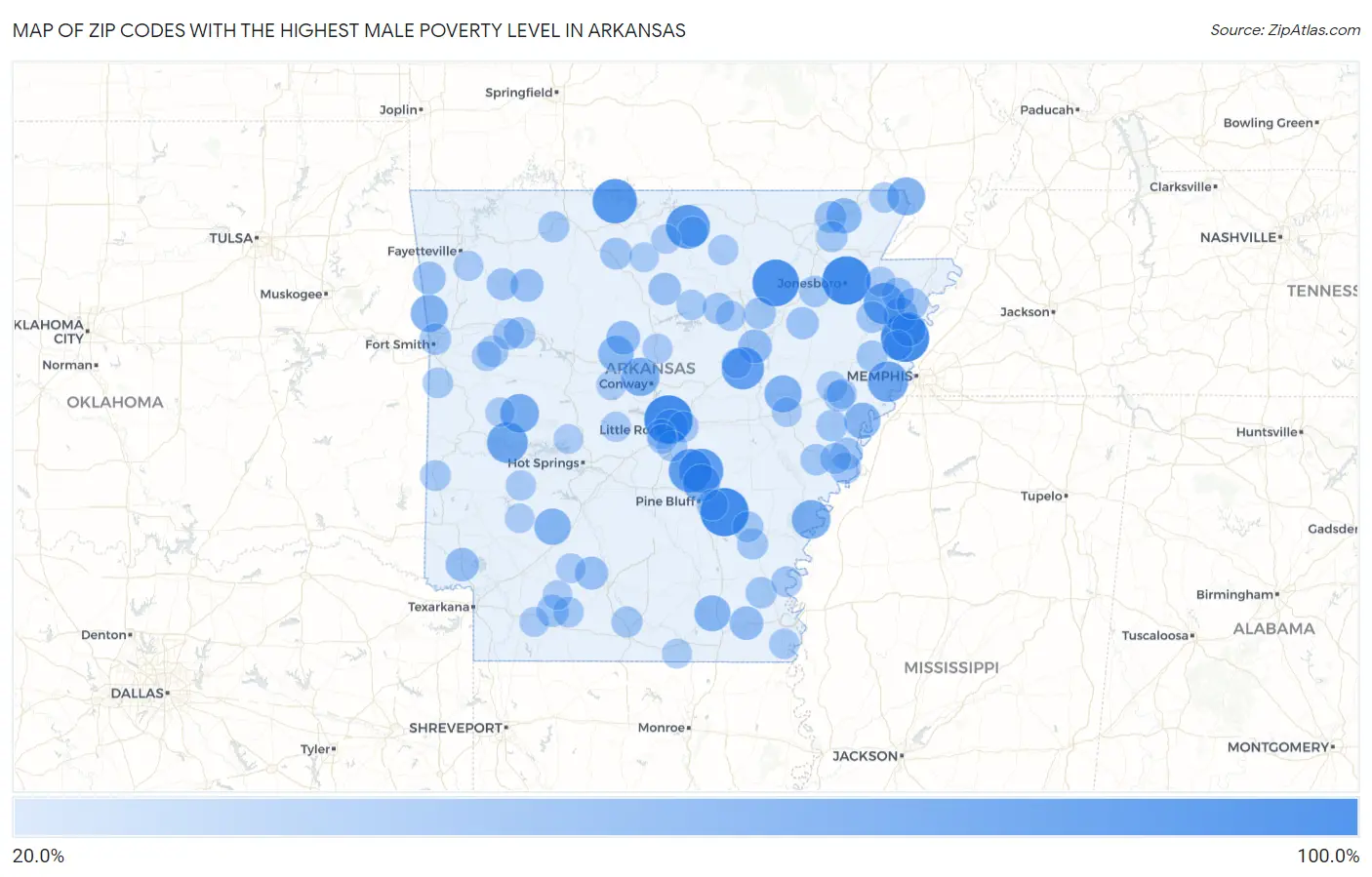 Zip Codes with the Highest Male Poverty Level in Arkansas Map