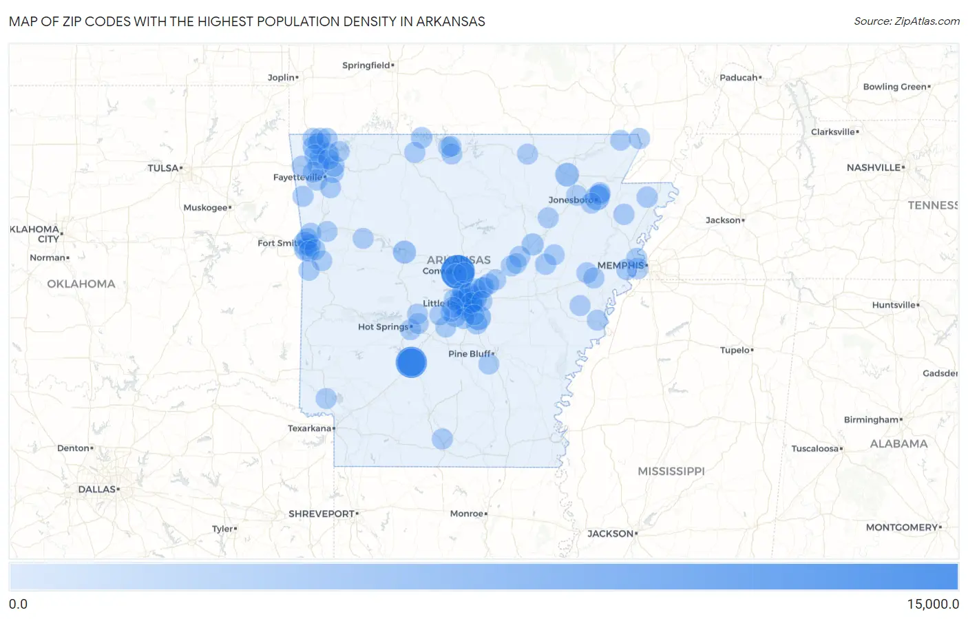 Zip Codes with the Highest Population Density in Arkansas Map