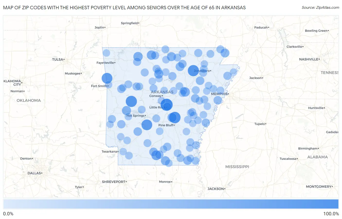 Zip Codes with the Highest Poverty Level Among Seniors Over the Age of 65 in Arkansas Map