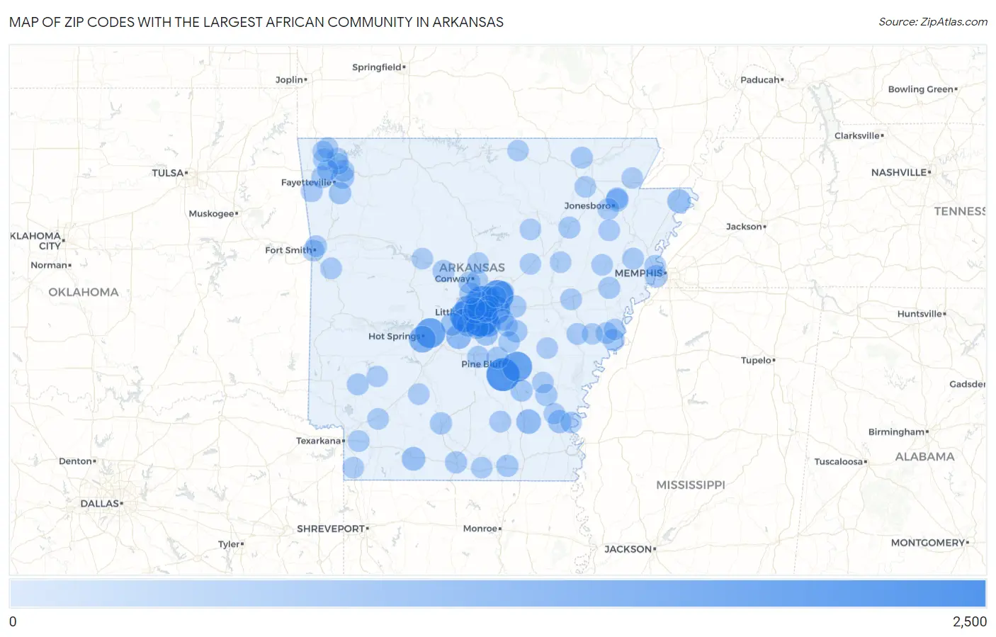 Zip Codes with the Largest African Community in Arkansas Map