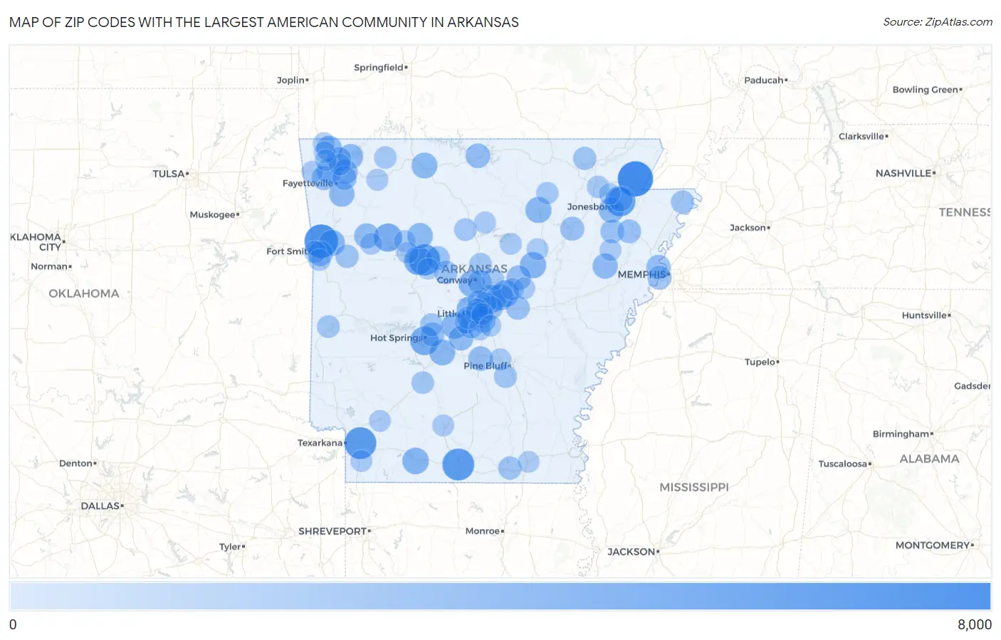 Zip Codes with the Largest American Community in Arkansas Map