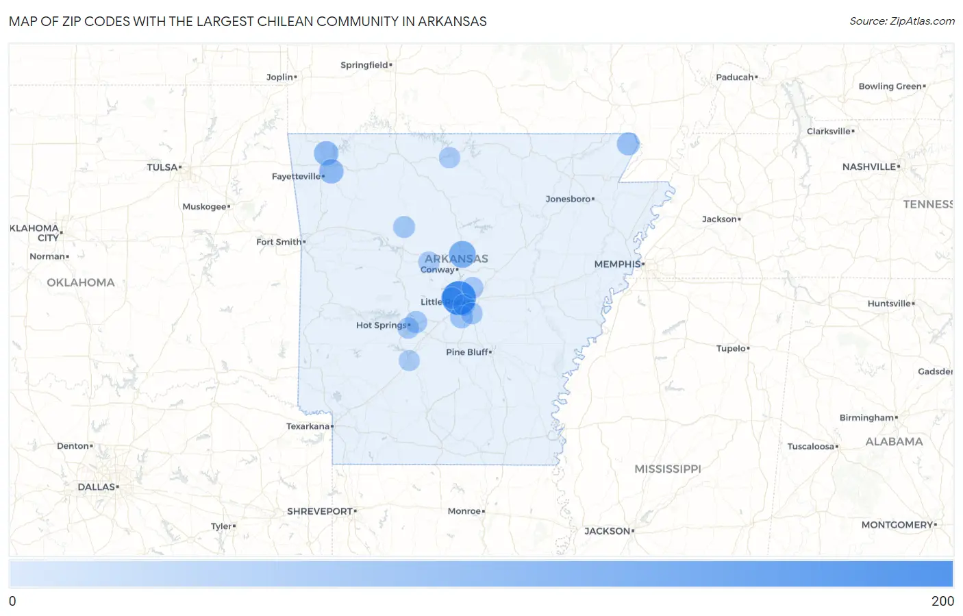 Zip Codes with the Largest Chilean Community in Arkansas Map
