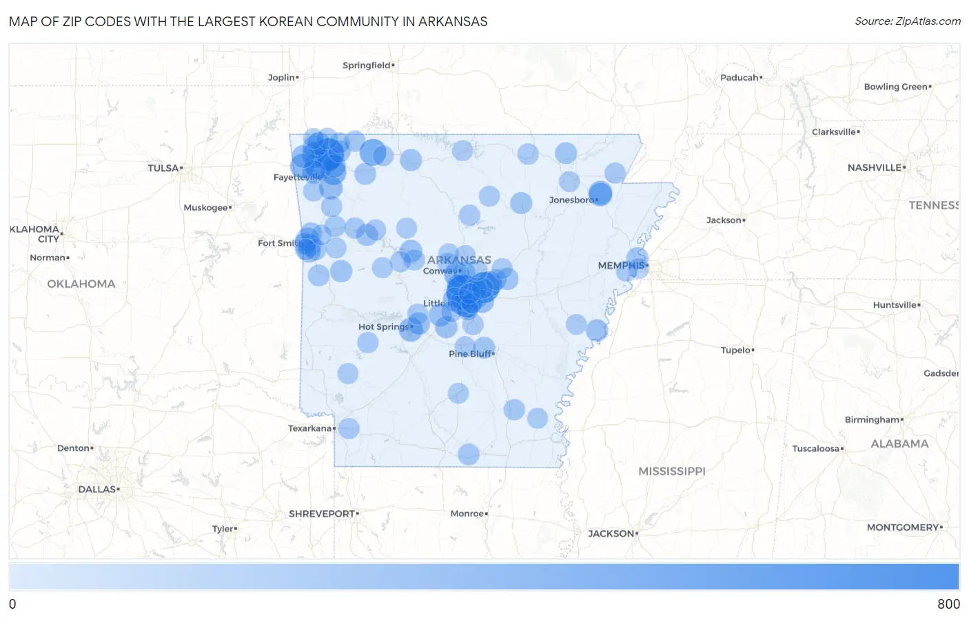 Zip Codes with the Largest Korean Community in Arkansas Map