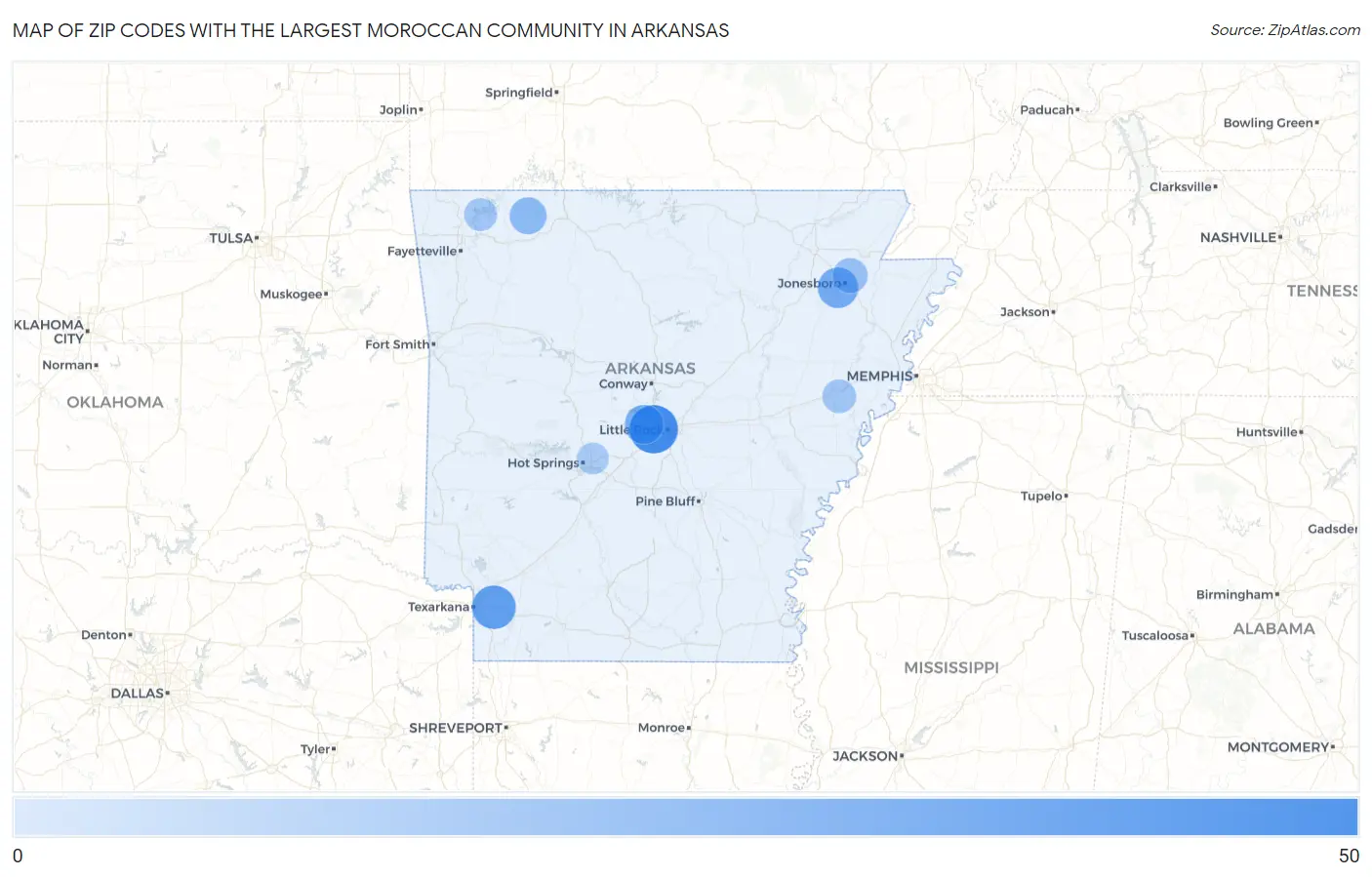 Zip Codes with the Largest Moroccan Community in Arkansas Map