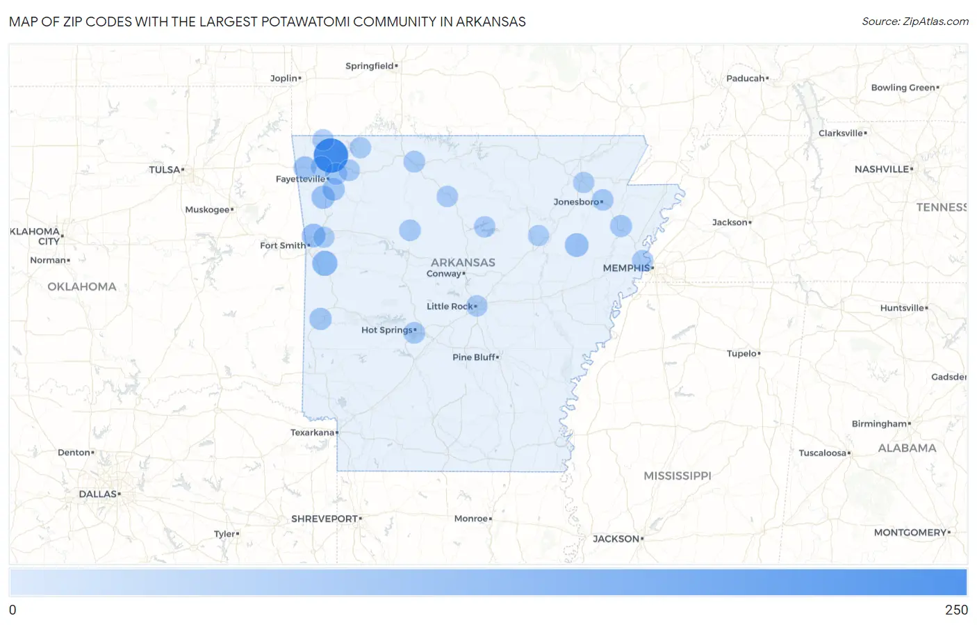 Zip Codes with the Largest Potawatomi Community in Arkansas Map
