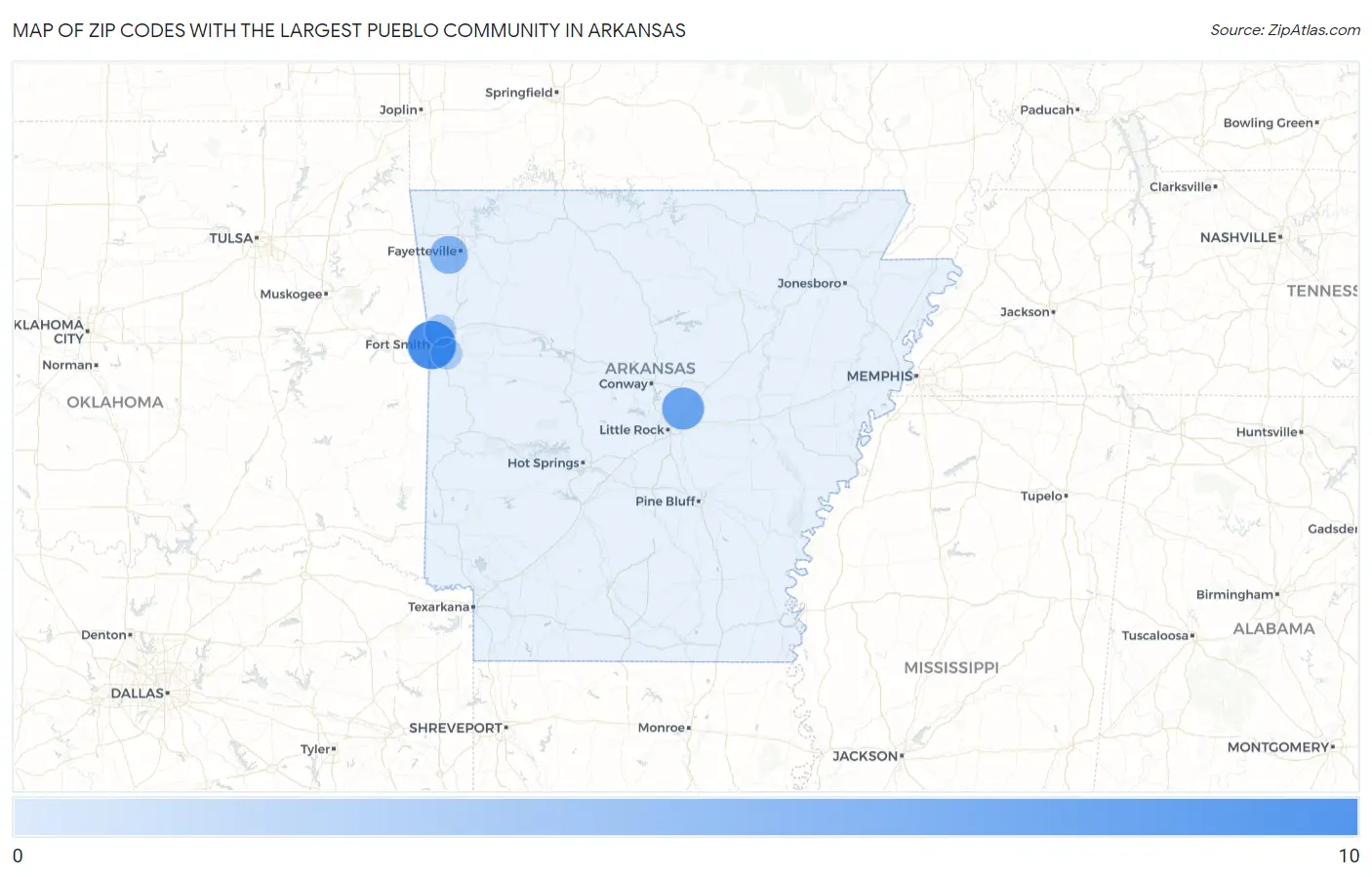 Zip Codes with the Largest Pueblo Community in Arkansas Map