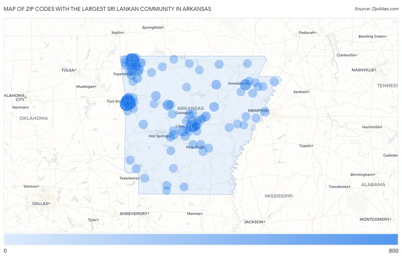 Zip Codes with the Largest Sri Lankan Community in Arkansas Map