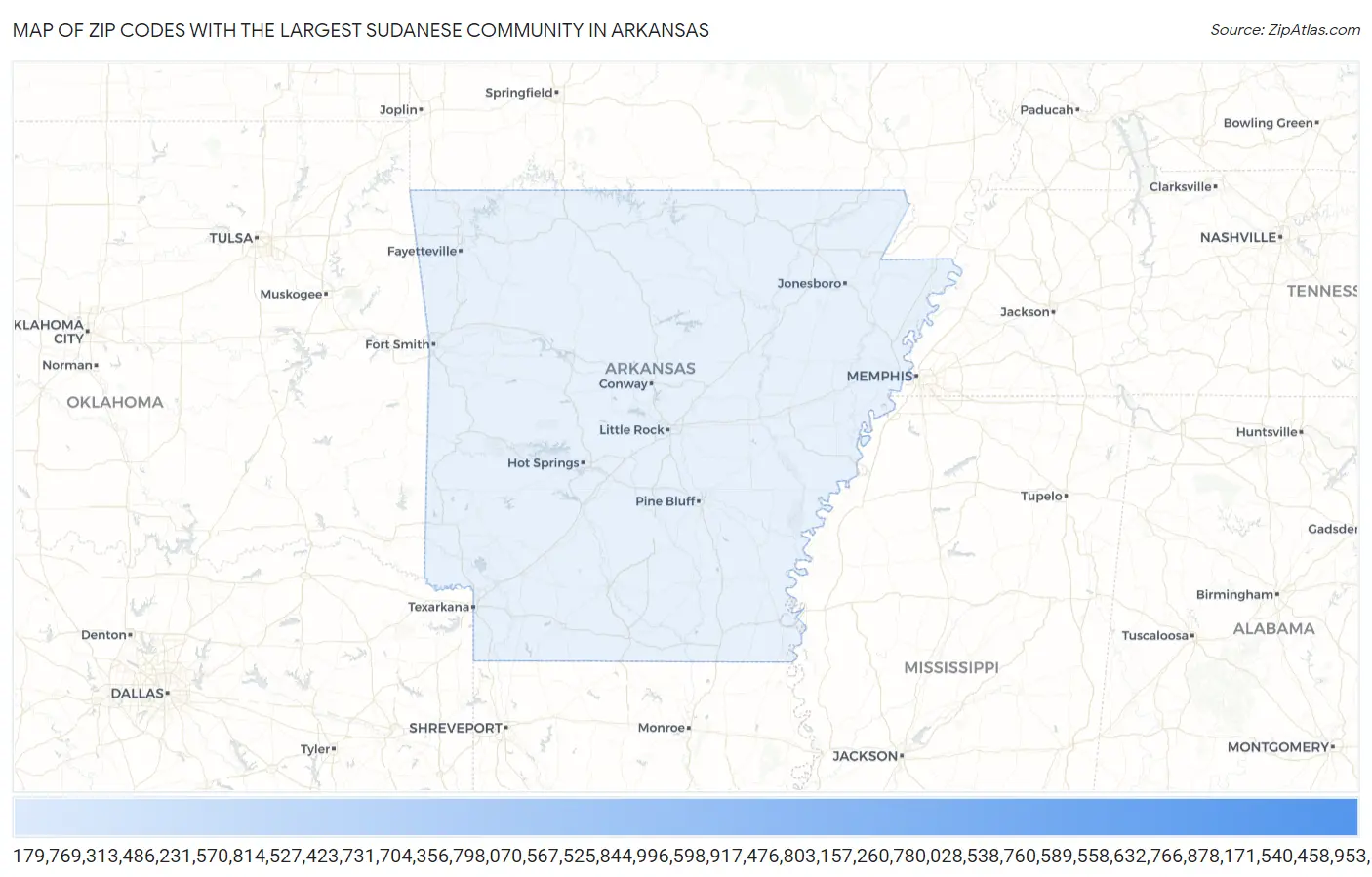 Zip Codes with the Largest Sudanese Community in Arkansas Map