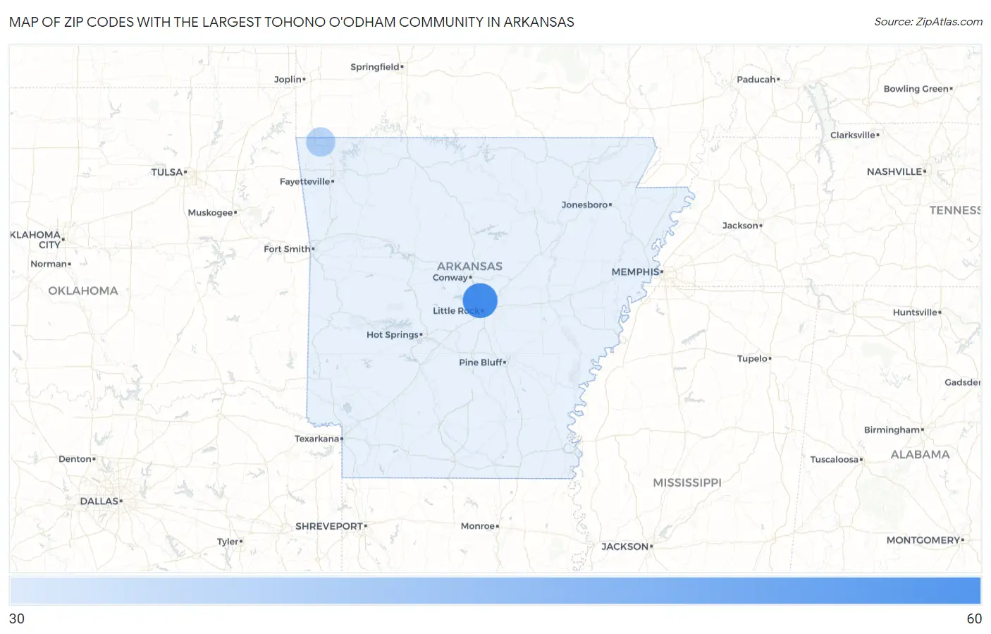 Zip Codes with the Largest Tohono O'Odham Community in Arkansas Map