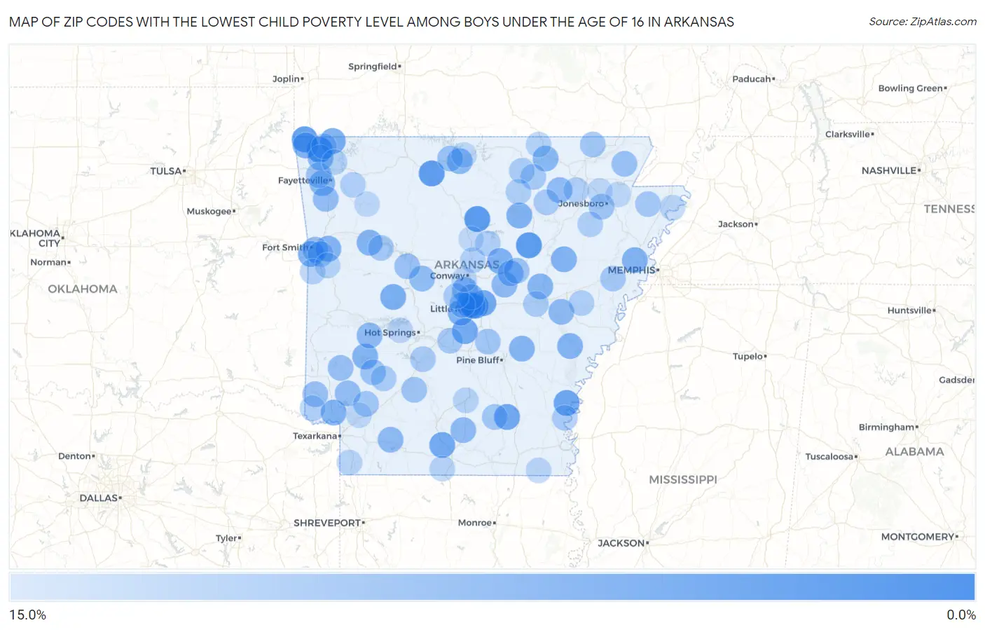 Zip Codes with the Lowest Child Poverty Level Among Boys Under the Age of 16 in Arkansas Map