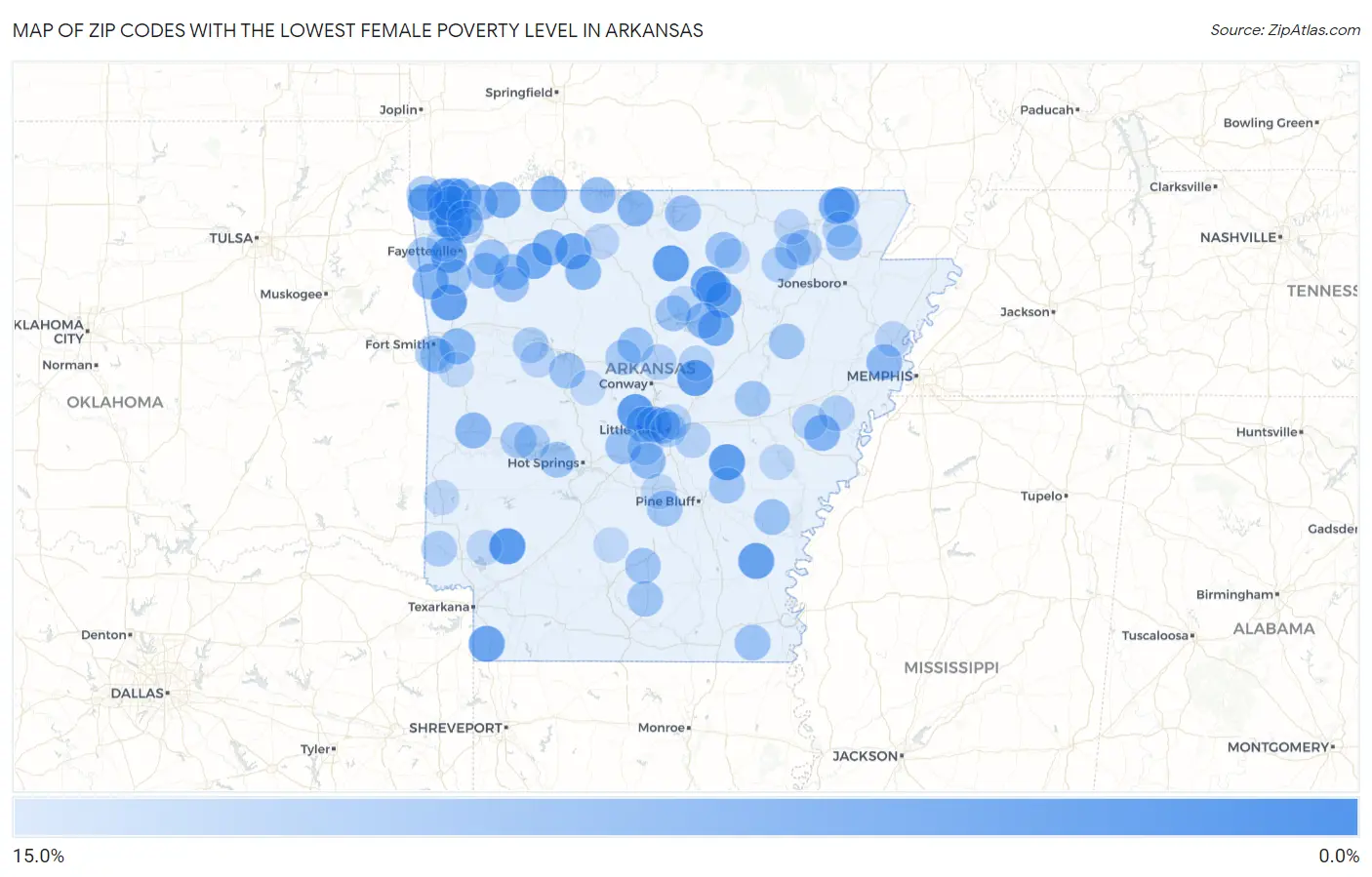 Zip Codes with the Lowest Female Poverty Level in Arkansas Map