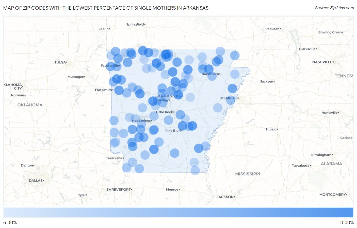 Zip Codes with the Lowest Percentage of Single Mothers in Arkansas Map