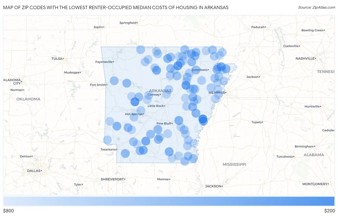 Zip Codes with the Lowest Renter-Occupied Median Costs of Housing in Arkansas Map