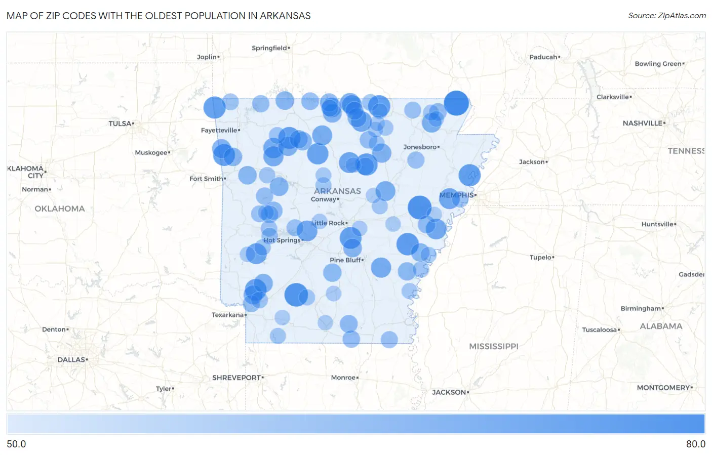 Zip Codes with the Oldest Population in Arkansas Map