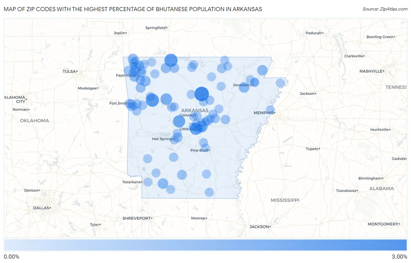 Zip Codes with the Highest Percentage of Bhutanese Population in Arkansas Map