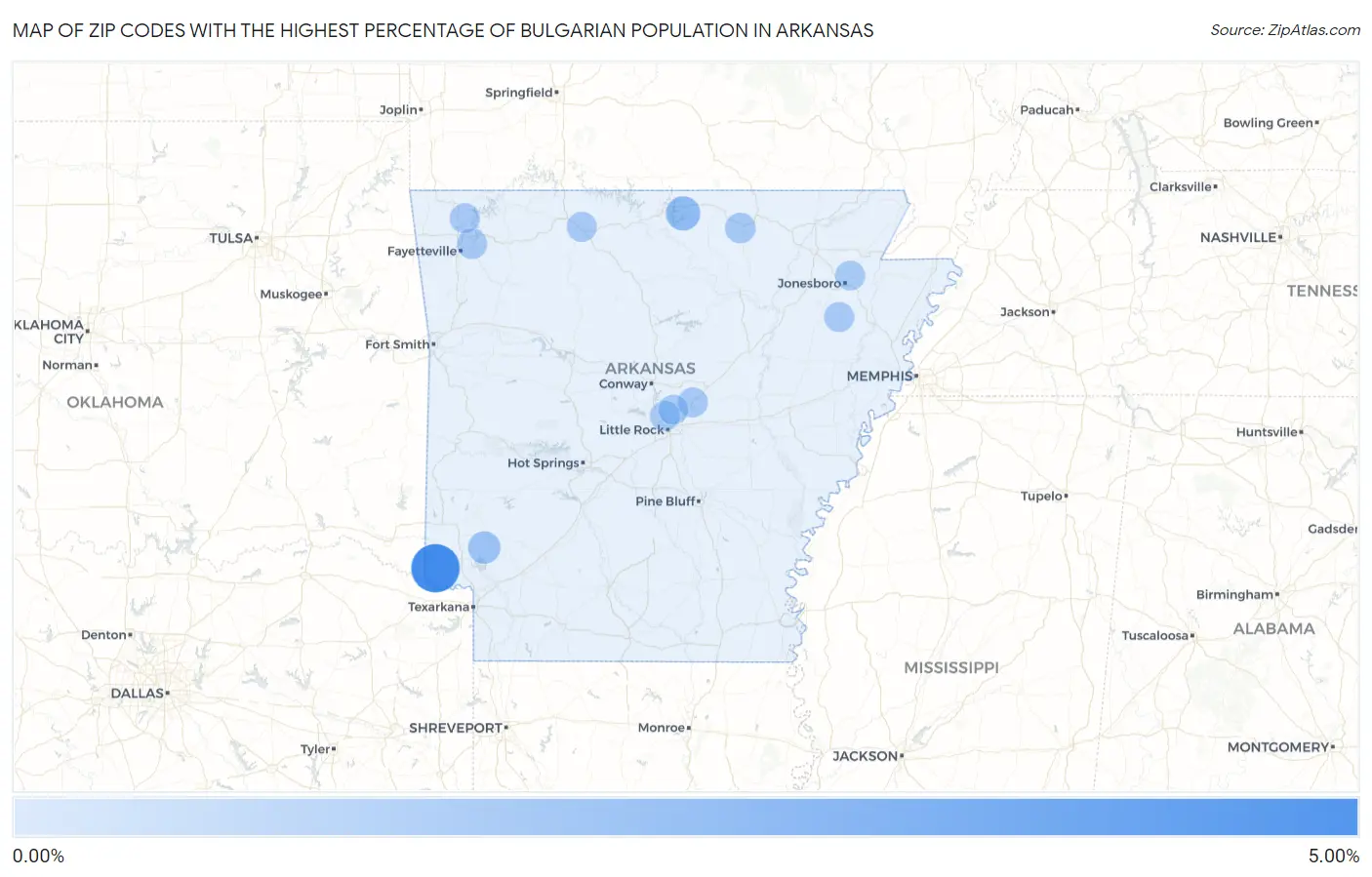 Zip Codes with the Highest Percentage of Bulgarian Population in Arkansas Map