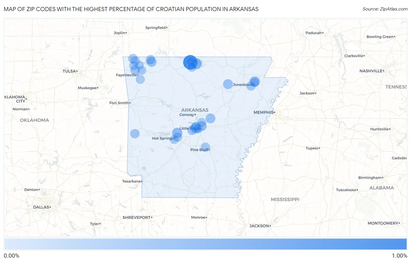 Zip Codes with the Highest Percentage of Croatian Population in Arkansas Map