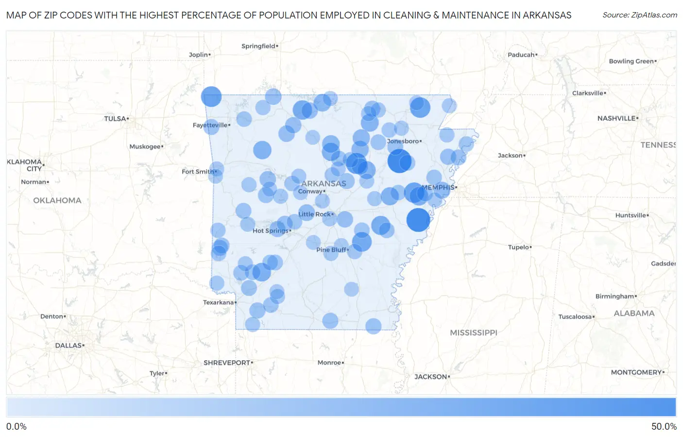 Zip Codes with the Highest Percentage of Population Employed in Cleaning & Maintenance in Arkansas Map