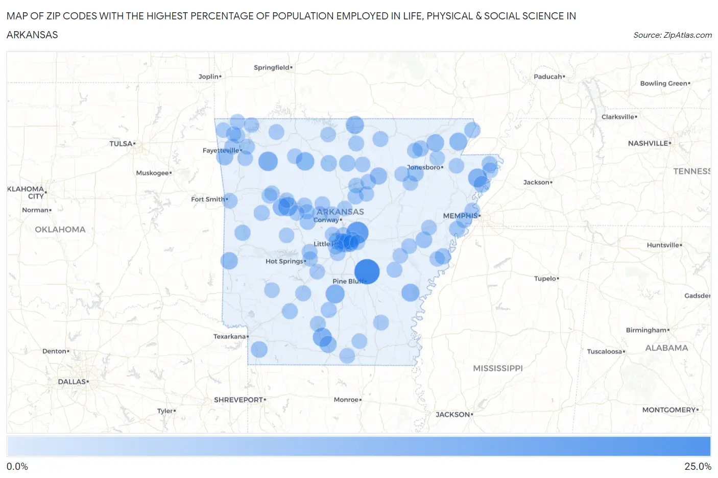 Zip Codes with the Highest Percentage of Population Employed in Life, Physical & Social Science in Arkansas Map
