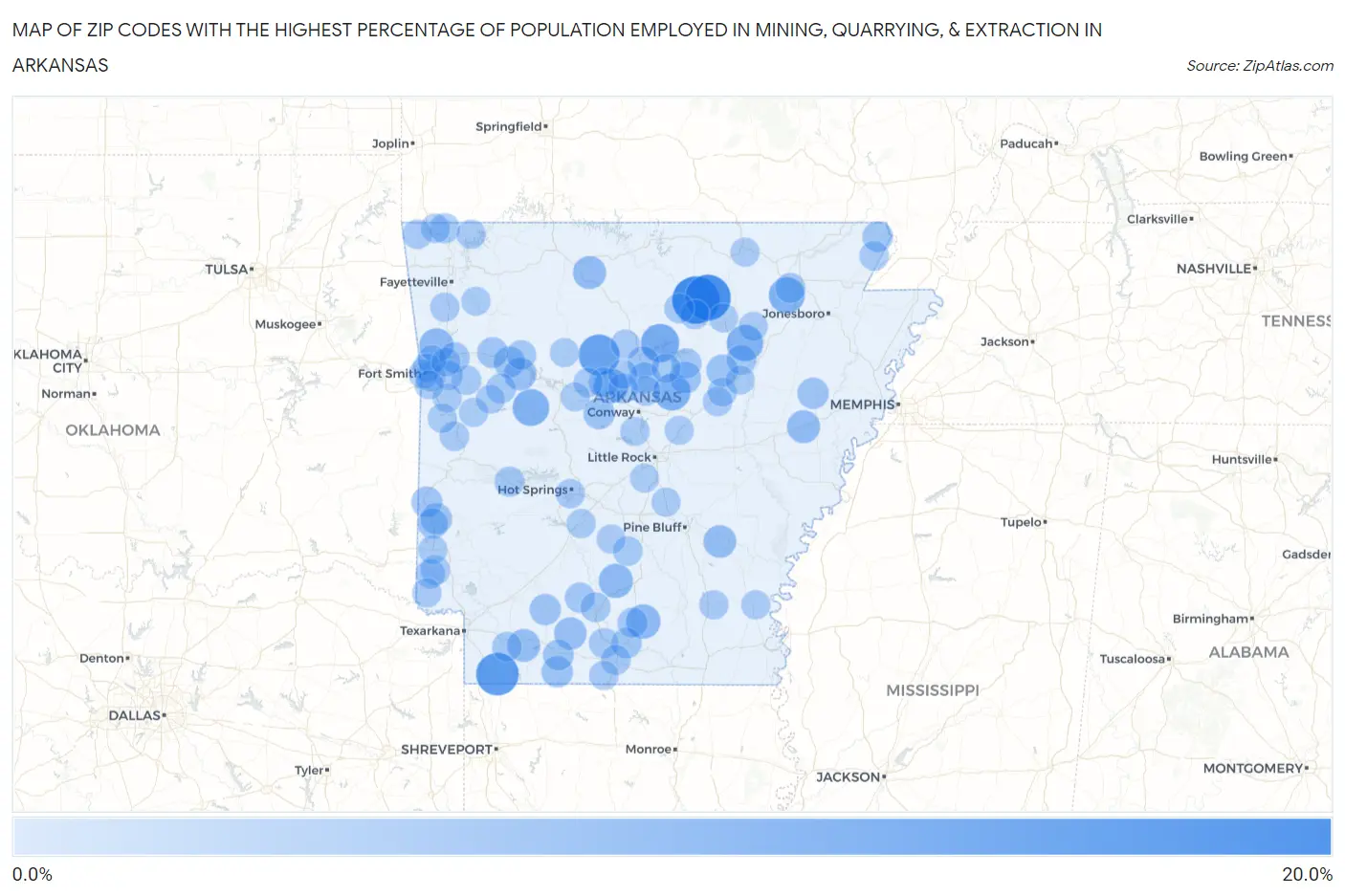 Zip Codes with the Highest Percentage of Population Employed in Mining, Quarrying, & Extraction in Arkansas Map