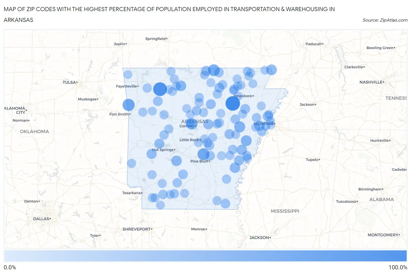 Zip Codes with the Highest Percentage of Population Employed in Transportation & Warehousing in Arkansas Map