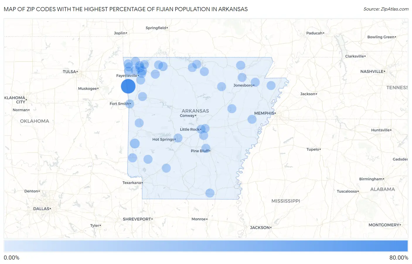 Zip Codes with the Highest Percentage of Fijian Population in Arkansas Map