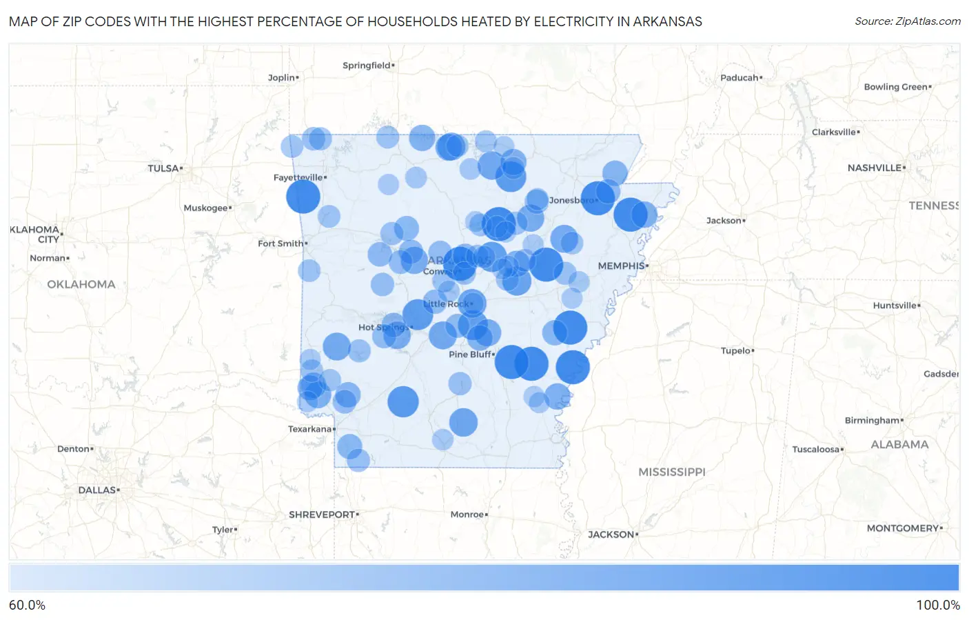 Zip Codes with the Highest Percentage of Households Heated by Electricity in Arkansas Map