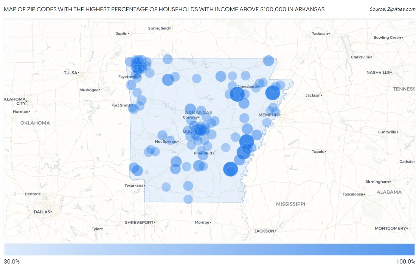 Zip Codes with the Highest Percentage of Households with Income Above $100,000 in Arkansas Map