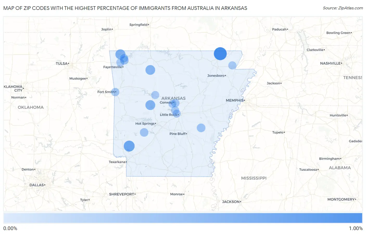 Zip Codes with the Highest Percentage of Immigrants from Australia in Arkansas Map